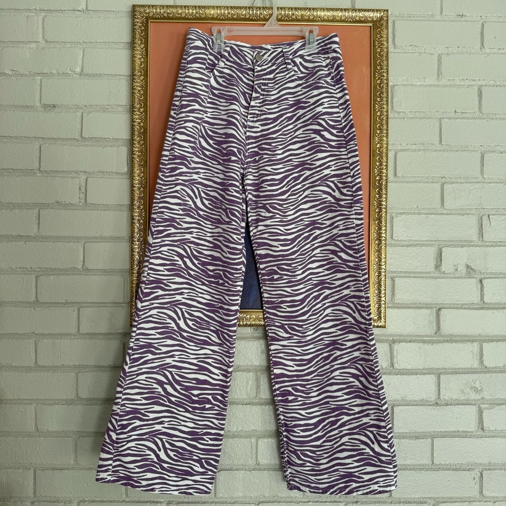 Y2K Bailey Rose Purple White Zebra Print Denim Wide-Leg Pants Women’s Cotton 💜